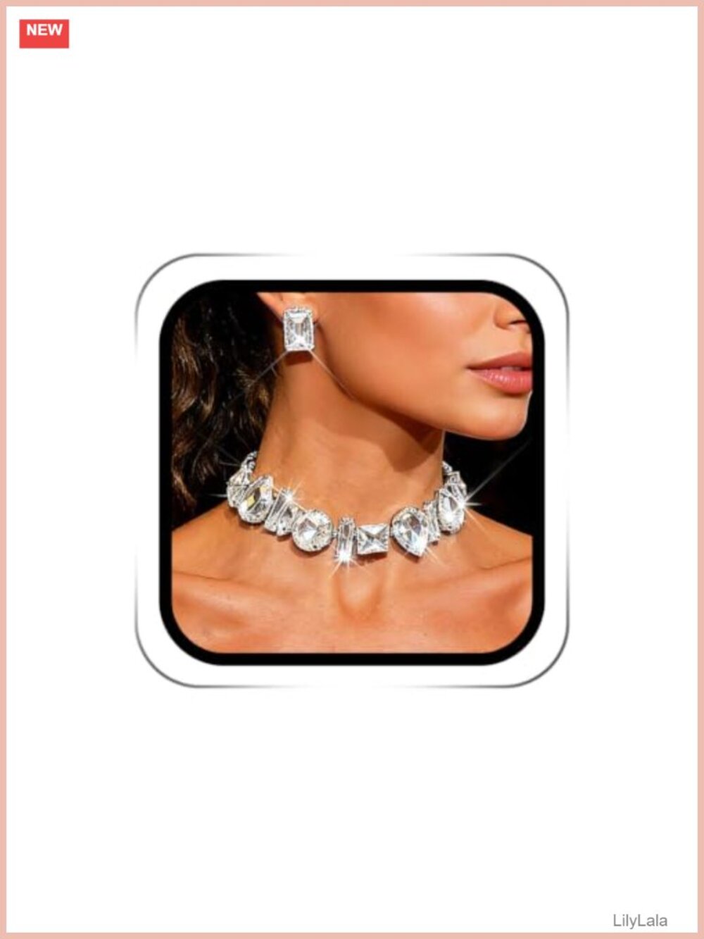 Rhinestone Crystal Necklace Earrings Set Silver Costume Jewelry Women Wedding